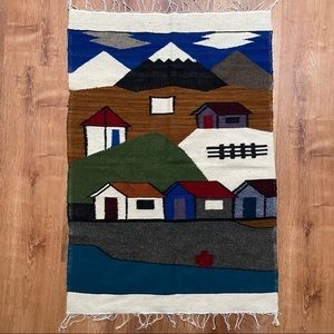 Vintage Blue Green Brown Mountain Village Tapestry